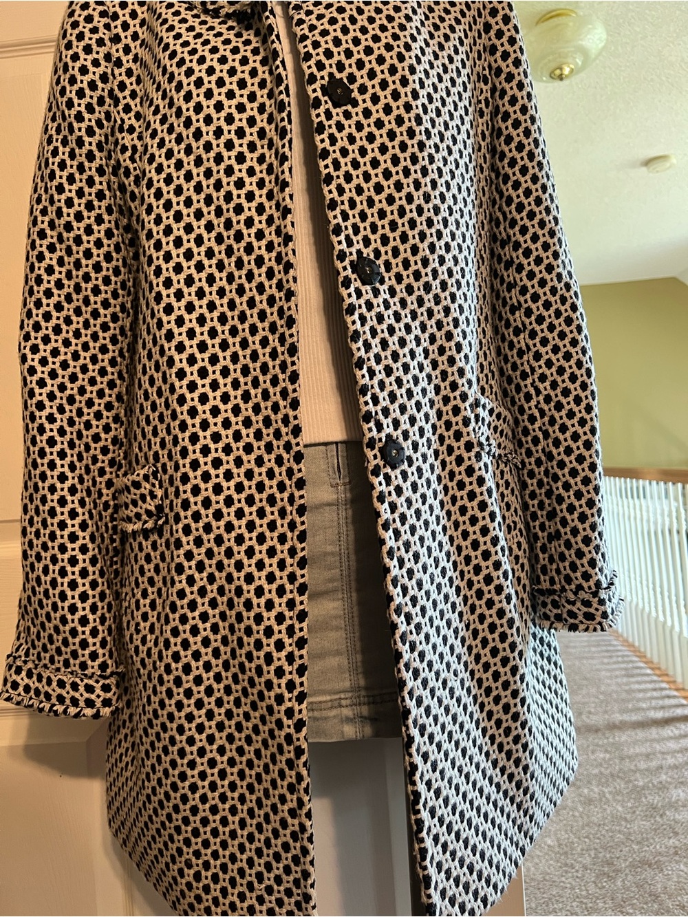 Pim + Larkin Black and Cream Geometric Textured Pea Coat